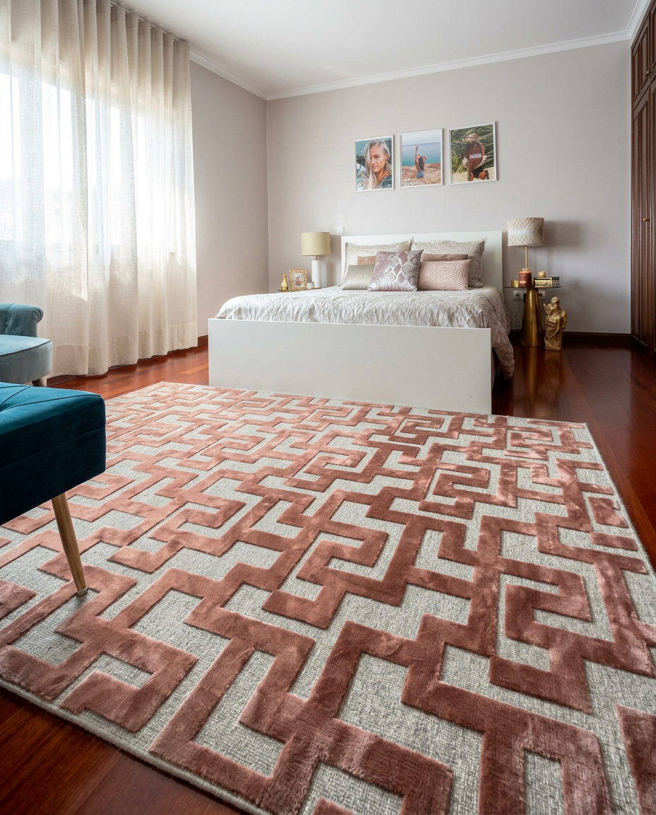 Quarto com tapete marcante e cortinados leves junto à janela