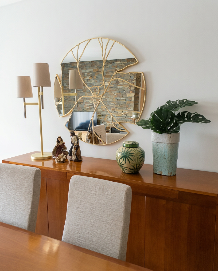 Sala de jantar com mesa de madeira, cadeiras e iluminação quente